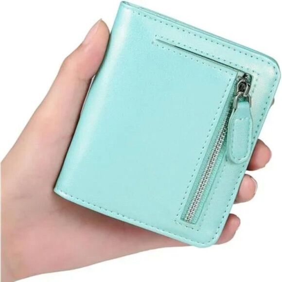 NEW SMALL Wallets Cowhide Leather for Women, Natural Leather Caribbean Green - Picture 1 of 6